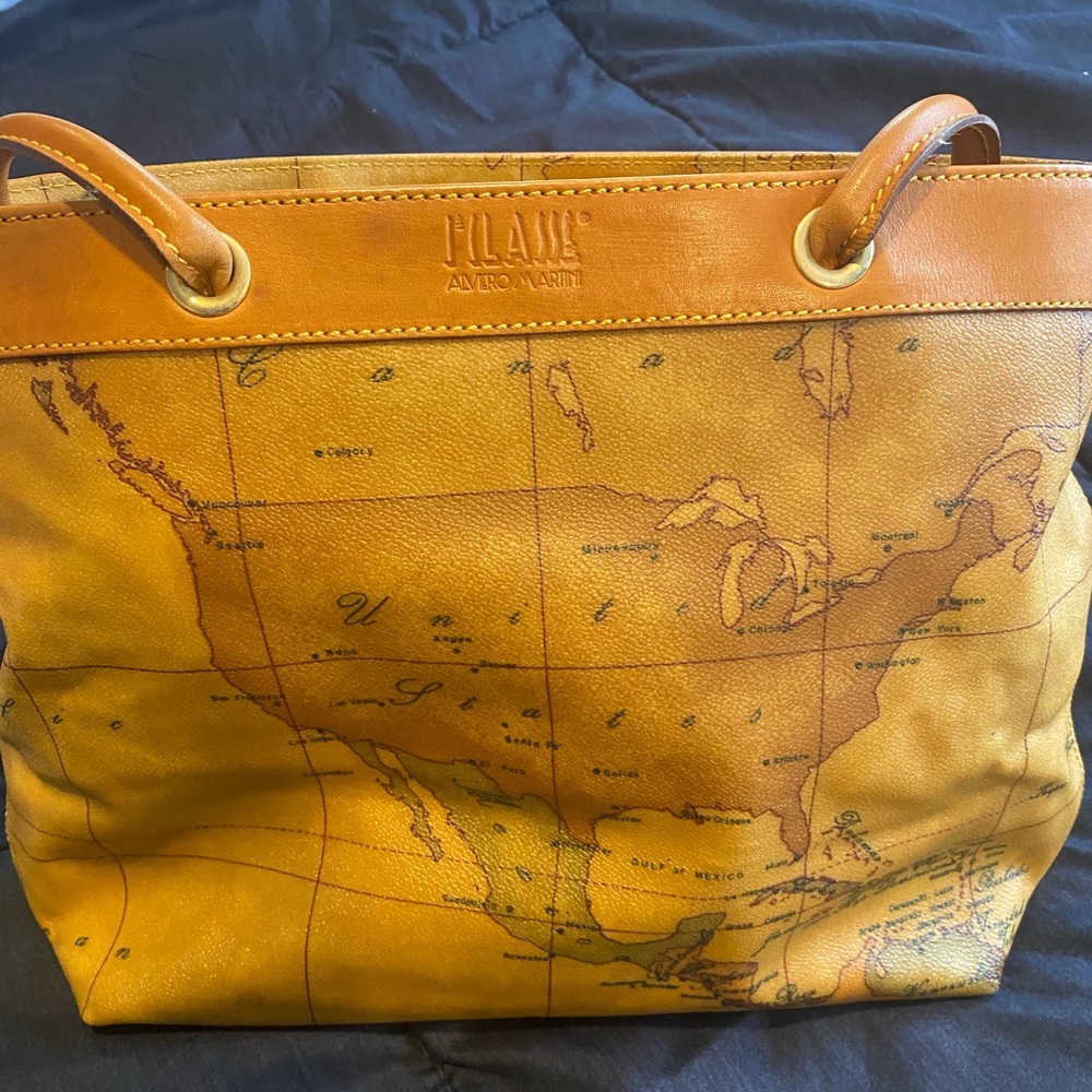 Alviero Martini- Excellent Condition Tan and Brown Leather Tote with Map Design
